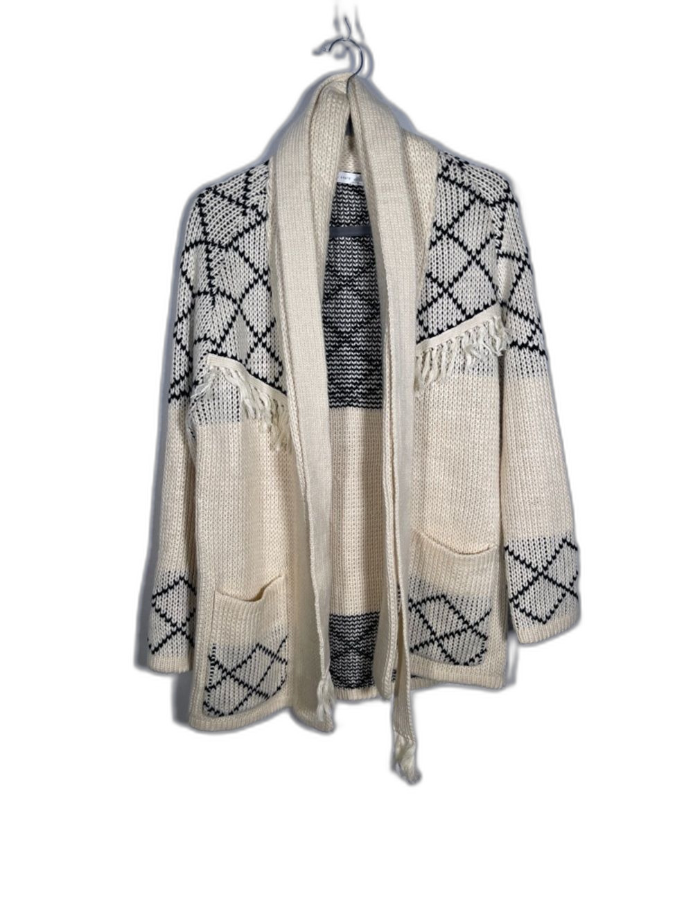 ALTAR’D STATE WOMENS CREAM BLACK FRINGE CARDIGAN SWEATER MEDIUM